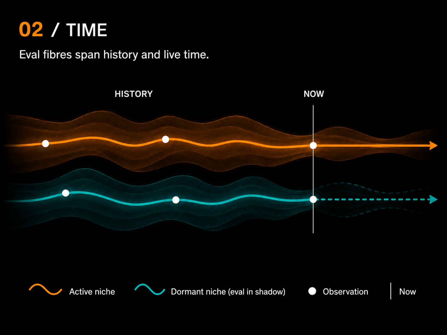Time: evidence accrues along live, shadow, and simulated evaluation fibres.